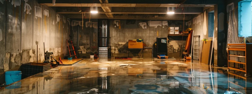 a well-lit residential basement showcases a professional waterproofing process, featuring exposed concrete walls as contractors install a french drain, apply waterproof membranes, and prepare a sump pump in a clean, organized workspace.
