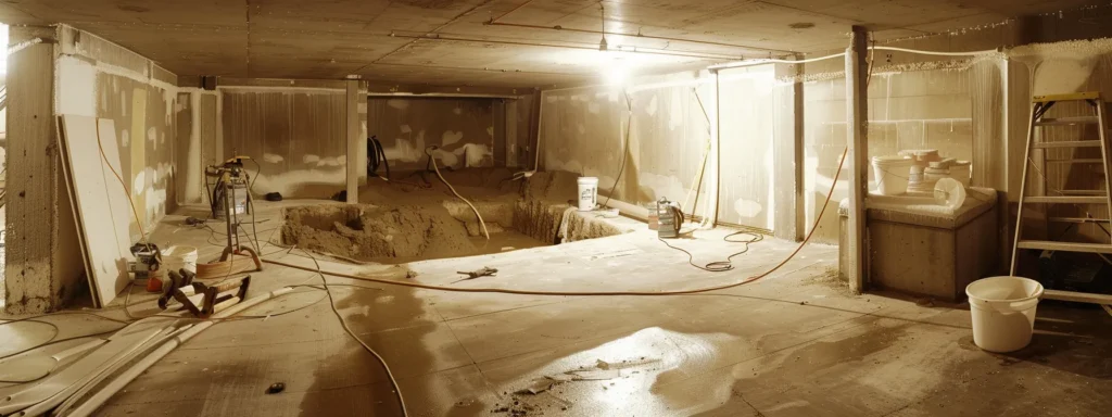 a well-lit basement showcases the waterproofing process, featuring exposed concrete walls while a contractor expertly seals cracks with hydraulic cement, and another installs a french drain, emphasizing a clean and professional workspace.