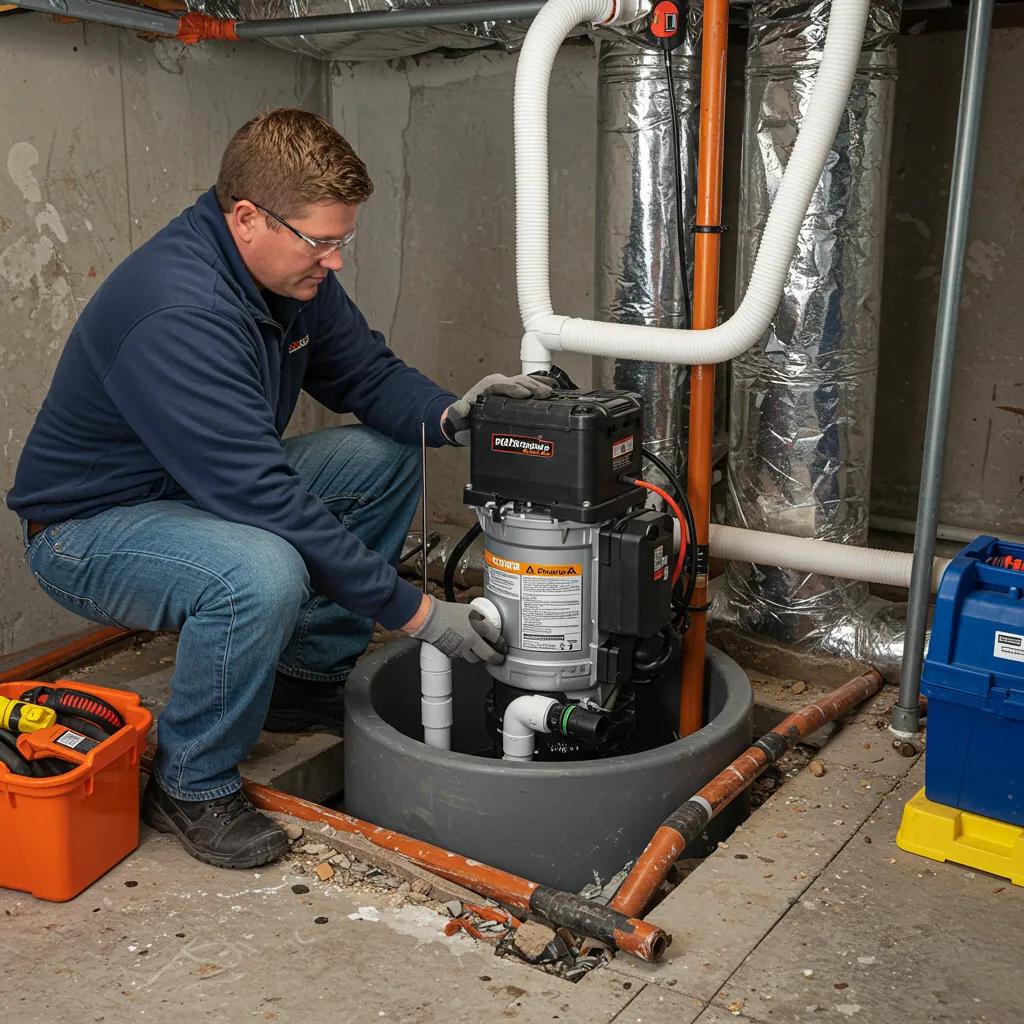 Technician installing a sump pump in a basement for effective water management