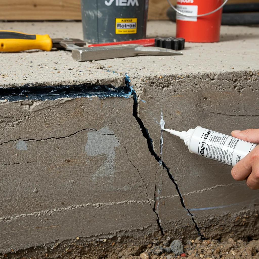 Close-up of a foundation wall with cracks being repaired to prevent water leaks