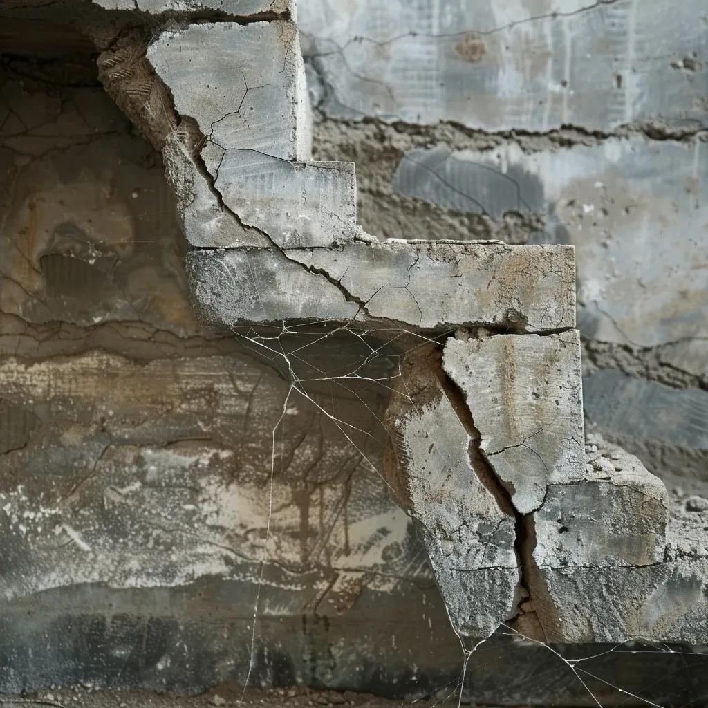 Different types of basement wall cracks indicating waterproofing problems, showcasing structural implications