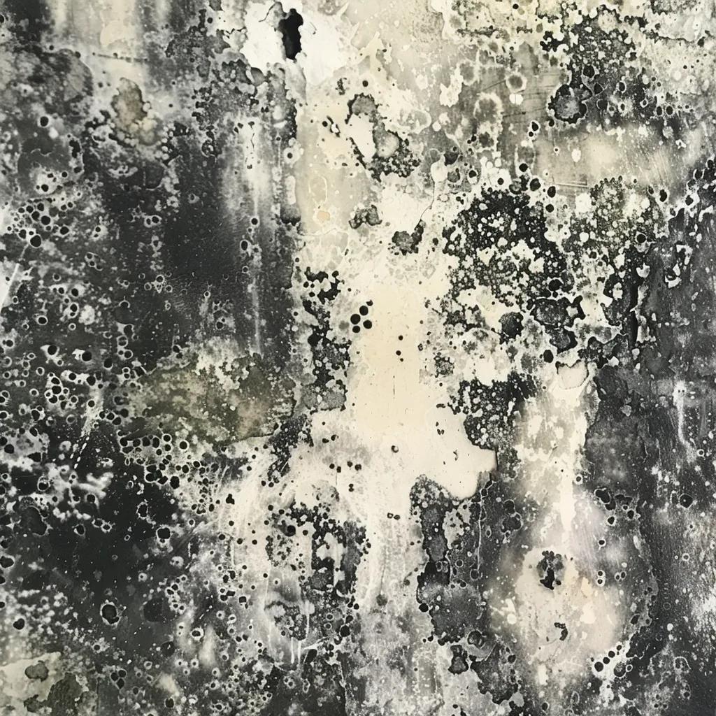Close-up of visible mold growth in a basement, highlighting black, green, and white fuzzy patches on damp surfaces