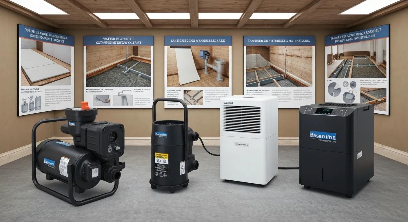 A display of various basement waterproofing solutions, including a sump pump and dehumidifier, illustrating effective moisture control methods