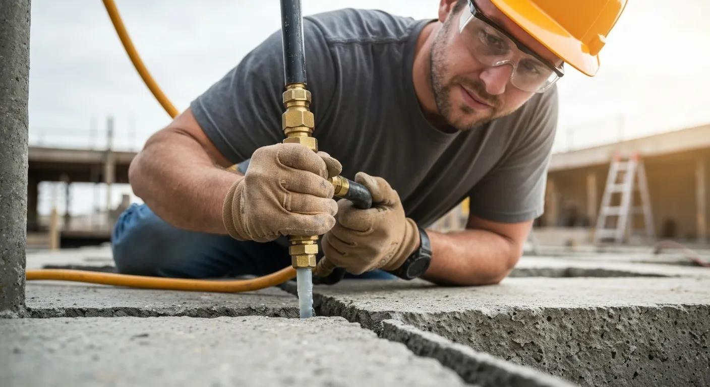 Professional injecting epoxy into a foundation crack for repair