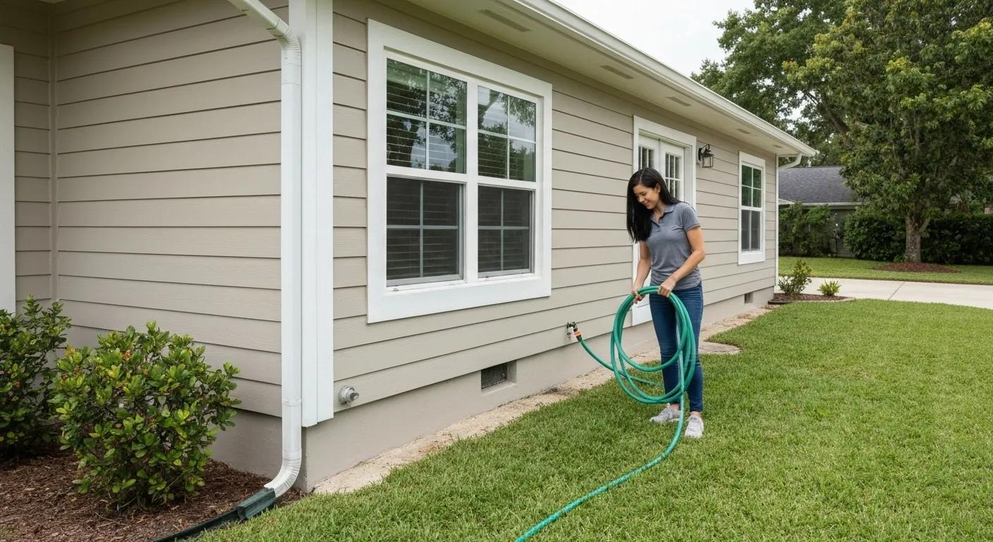 A homeowner carefully inspecting the exterior of their home, paying close attention to the foundation and drainage systems for any signs of moisture